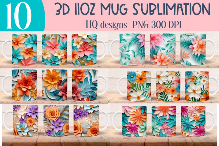 Floral 3D mug Wraps for Sublimation BUNDLE paper cut effect example image 1