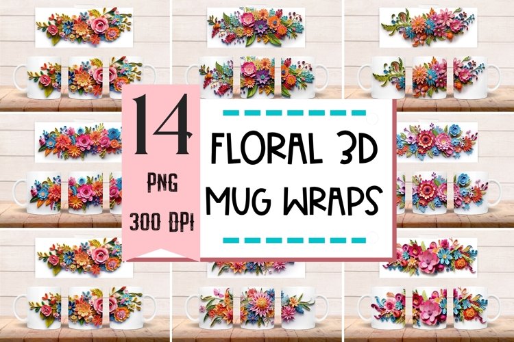 Floral 3D mug Wraps for Sublimation BUNDLE paper cut effect example image 1