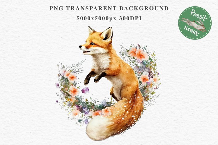 Floral Baby Fox Animals Clipart PNG Scrapbooking Nursery art Image Watercolor  Transparent Print invitation shirt designs sublimation kids printable digital watercolor baby Fox floral, scrapbooking clipart, sublimation nursery drawing, forest animals