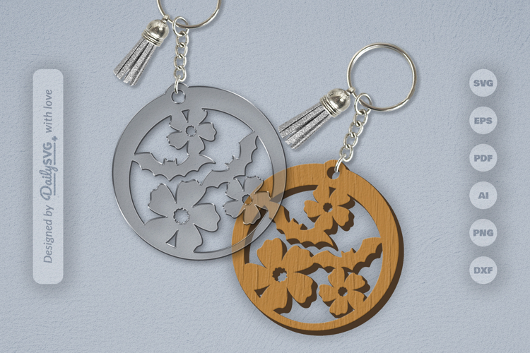 Floral Bats Halloween Round Keychain Laser Cut SVG
