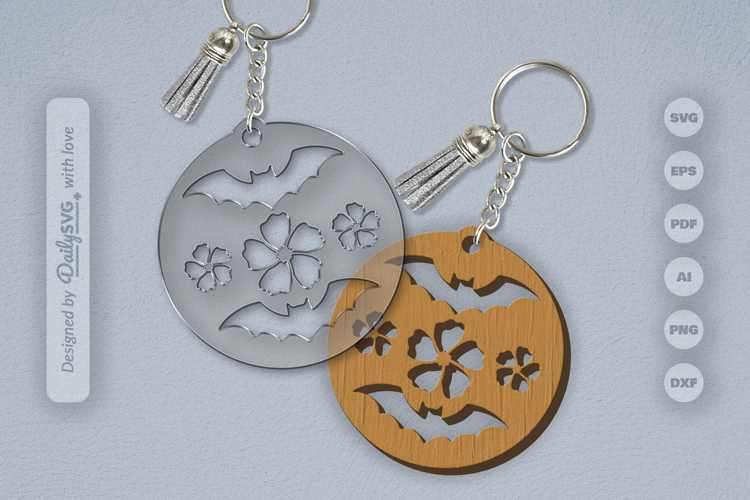 Floral Bats Halloween Round Keychain Laser Cut SVG