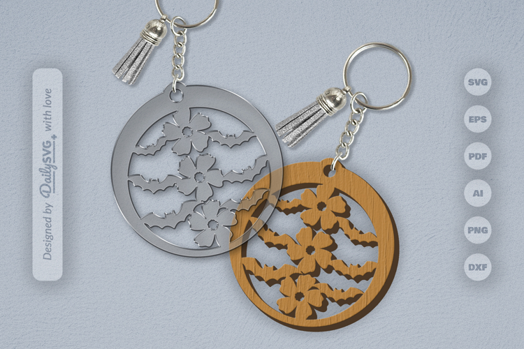 Floral Bats Halloween Round Keychain Laser Cut SVG