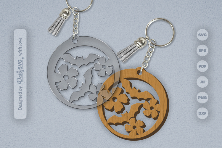 Floral Bats Halloween Round Keychain Laser Cut SVG