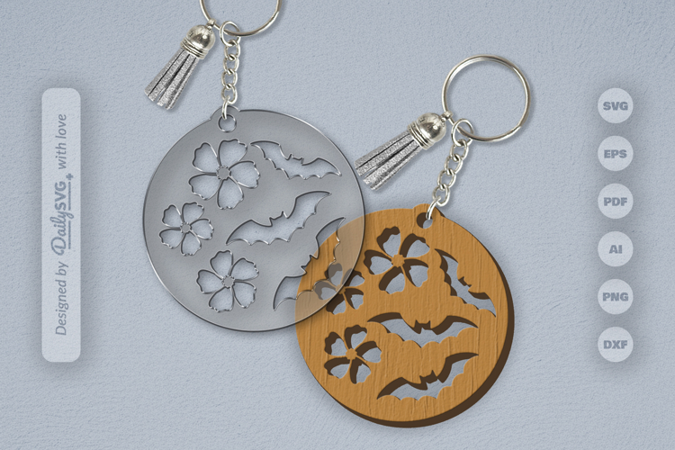 Floral Bats Halloween Round Keychain Laser Cut SVG