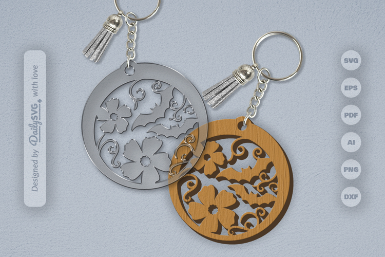 Floral Bats Halloween Round Keychain Laser Cut SVG