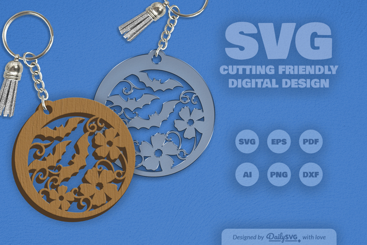 Floral Bats Halloween Round Keychain Laser Cut SVG
