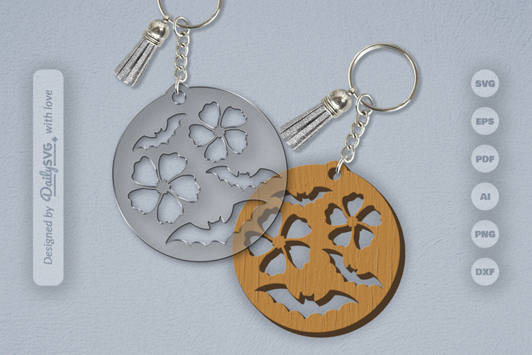 Floral Bats Halloween Round Keychain Laser Cut SVG