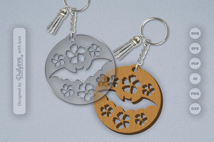 Floral Bats Halloween Round Keychain Laser Cut SVG