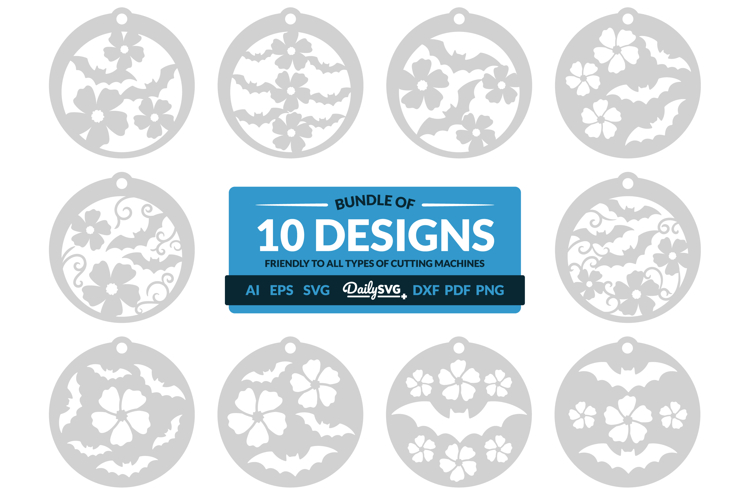 Floral Bats Halloween Round Keychain Laser Cut SVG