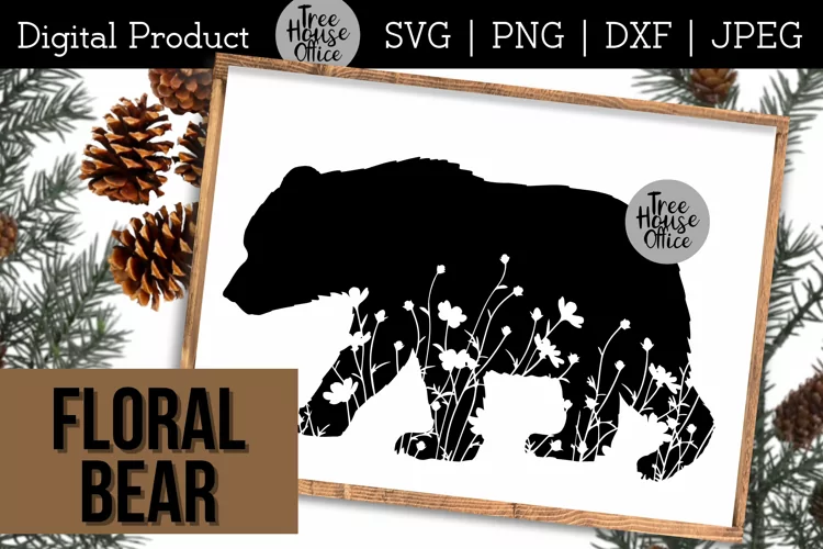Floral Bear SVG, Bear Silhouette Cut File, Wildflower Bear