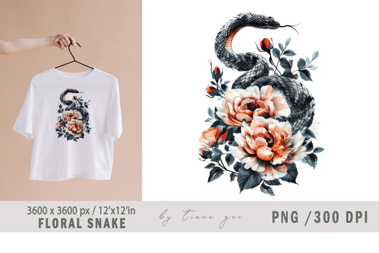 Watercolor floral black snake clipart - 1 png