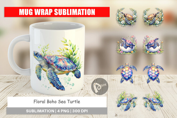 Floral Boho Sea Turtle Mug Wrap example image 1
