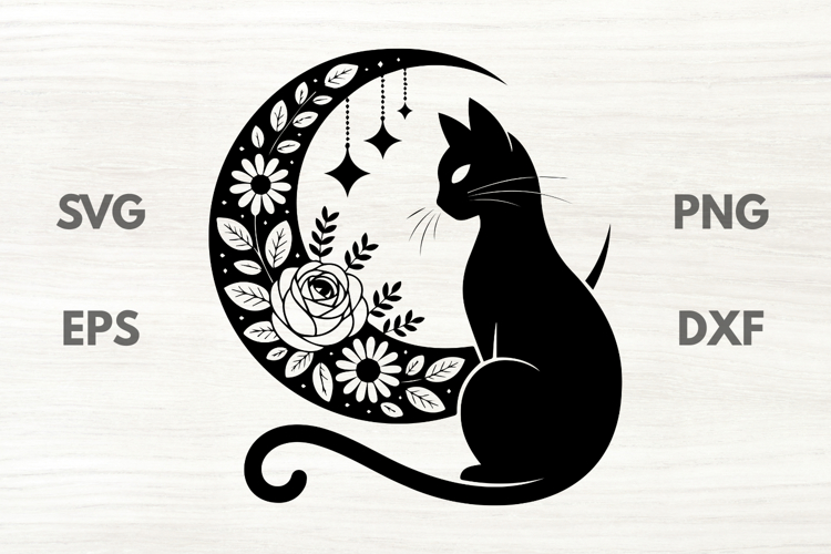 Floral Crescent with Black Cat SVG