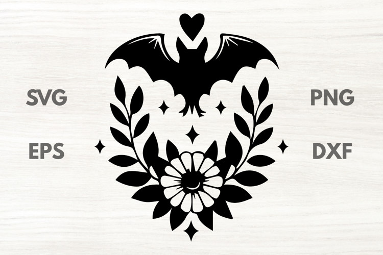 Floral Laurel Bat and Heart SVG