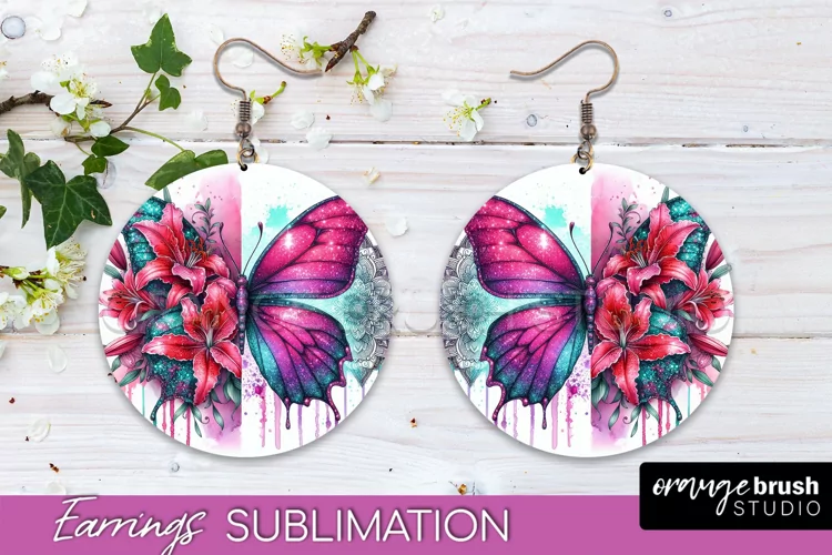 Butterfly Earrings Sublimation - Flower Round Earrings