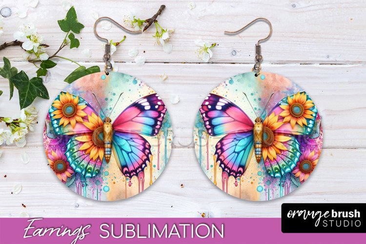 Butterfly Earrings Sublimation - Flower Round Earrings example image 1