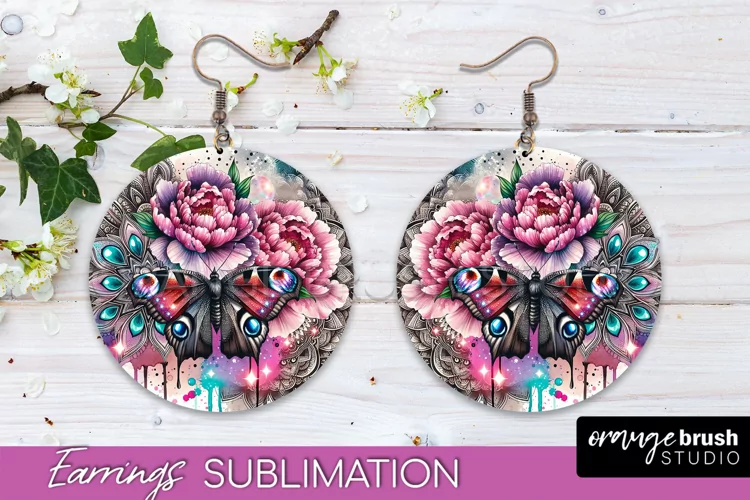 Butterfly Earrings Sublimation - Flower Round Earrings