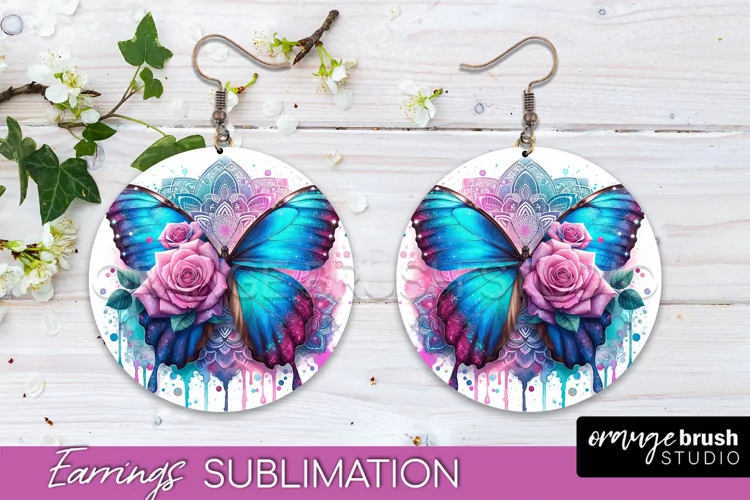 Butterfly Earrings Sublimation - Flower Round Earrings