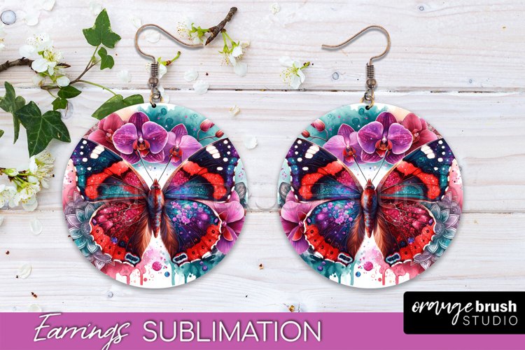Butterfly Earrings Sublimation - Flower Round Earrings example image 1