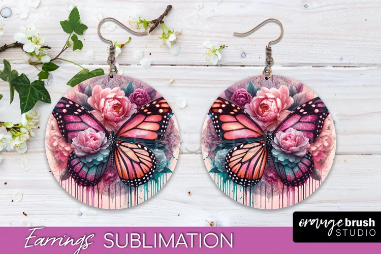 Butterfly Earrings Sublimation - Flower Round Earrings