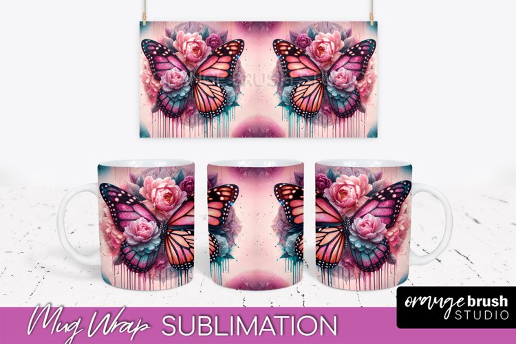 Butterfly Mug Wrap - Flowers Mug Sublimation Design