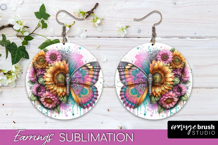 Butterfly Earrings Sublimation - Flower Round Earrings