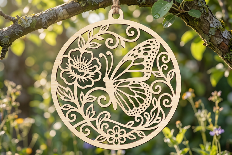 Floral Butterfly Round Wood Ornament, Ornament SVG File