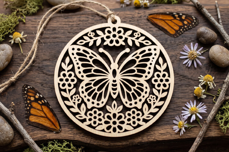 Floral Butterfly Round Wooden Ornament, Round Butterfly SVG example image 1
