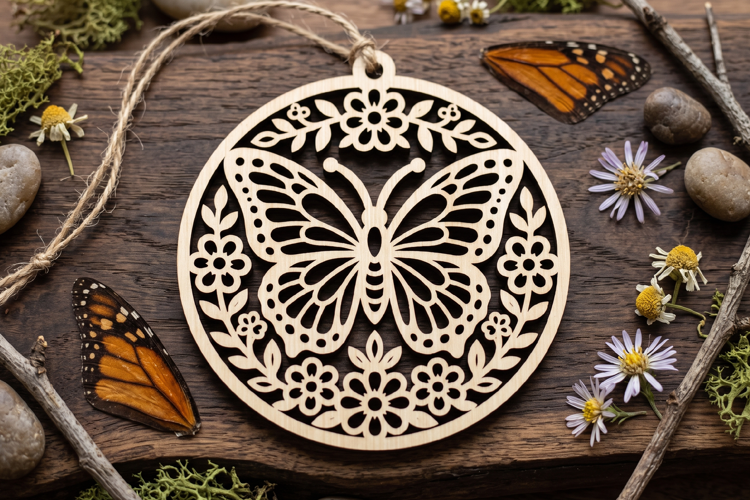 Floral Butterfly Round Wooden Ornament, Round Butterfly SVG