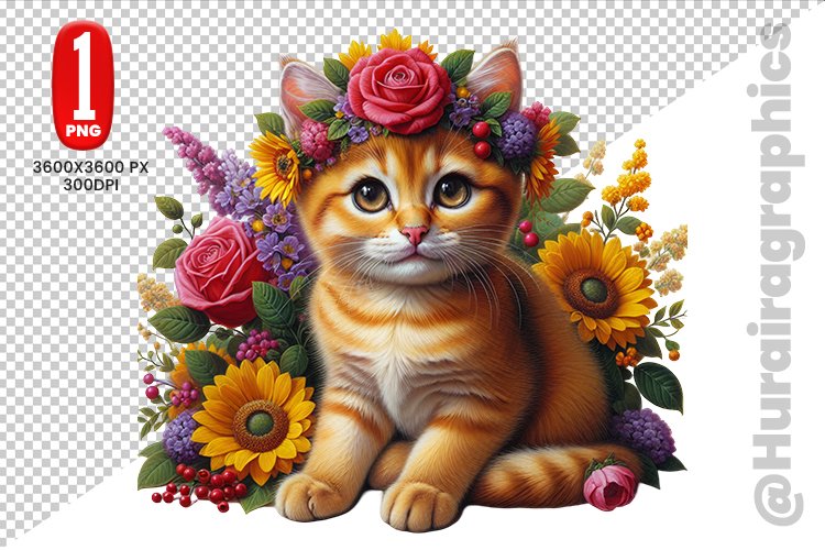 Floral Cat Clipart - PNG File