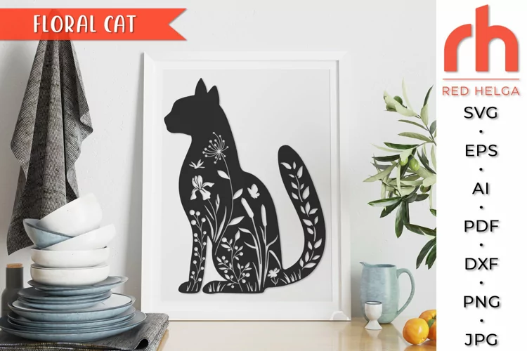 Floral Cat SVG, Flower Kitty Cut File, Pet Design DXF
