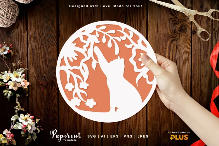 Cat Playing with Floral Round Papercut