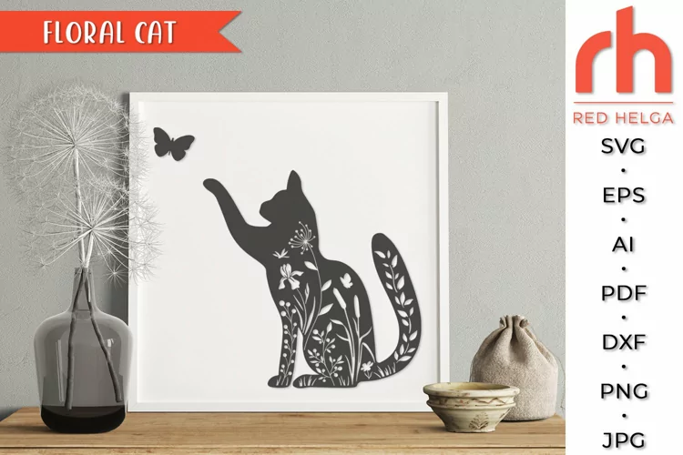 Floral Cat SVG, Pet Cut File, Flower Kitty DXF