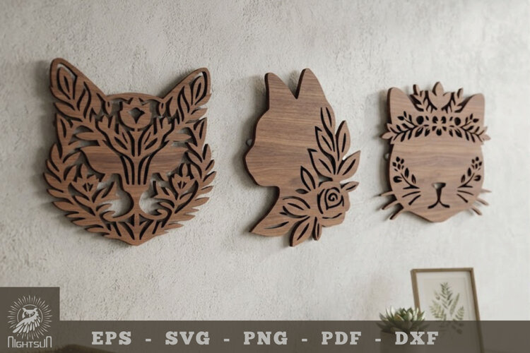 Floral Cat Lasercut Wall Decor SVG example image 1