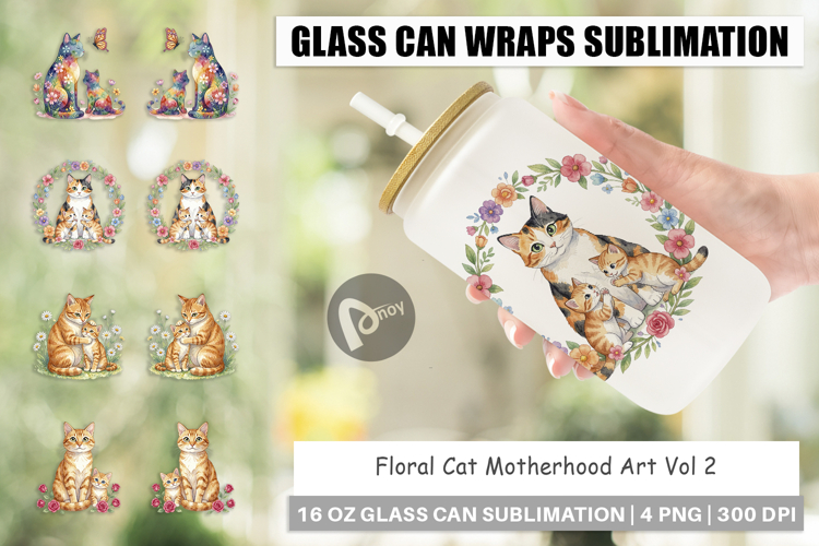 Floral Cat Motherhood Art Glass Can