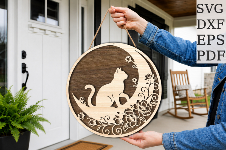 Floral Cat Round Sign SVG