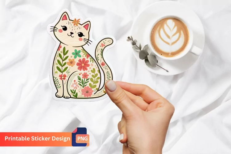 Floral Cat Sticker, Cute Cat Sticker, Floral Sticker