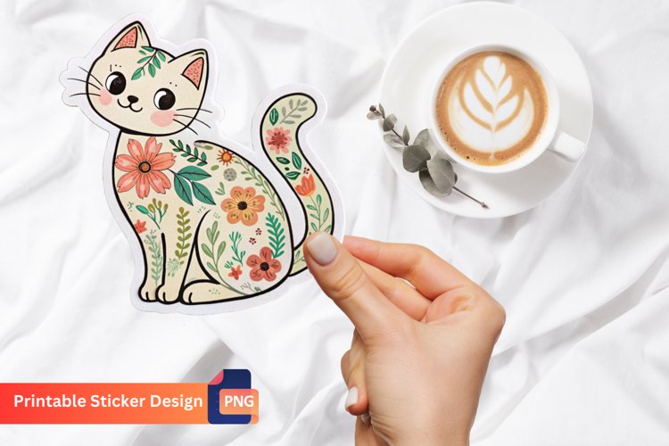 Floral Cat Sticker, Botanical Cat Sticker, Animal Floral Art
