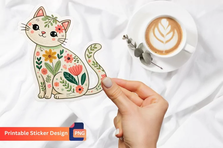 Floral Cat Sticker, Cute Cat Sticker, Floral Sticker