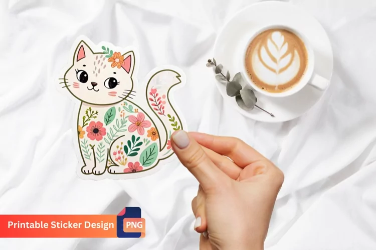 Floral Cat Sticker, Cute Cat Sticker, Floral Sticker