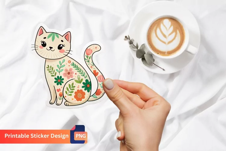 Floral Cat Sticker, Cute Cat Sticker, Floral Sticker