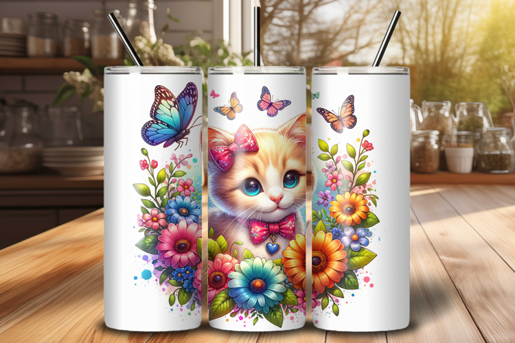 Floral Cat 20oz Skinny Tumbler Wrap PNG