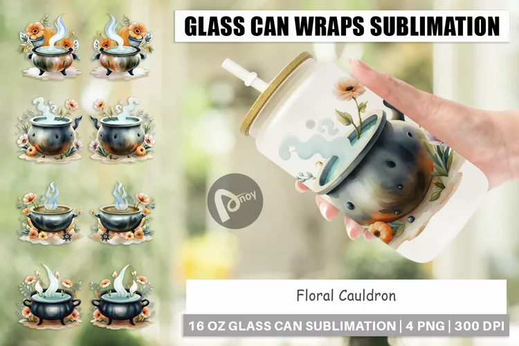 Glass Can Wraps Floral Cauldron Watercolor