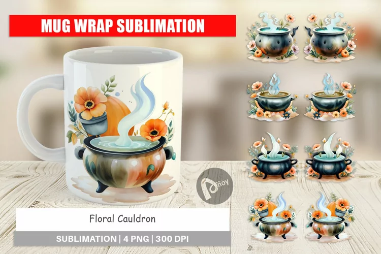 Mug Wrap Design Floral Cauldron Watercolor