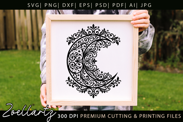 Floral Celestial Moon SVG Cut File Moon Mandala Silhouette