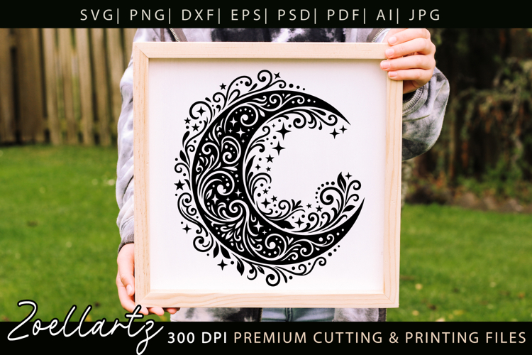 Floral Celestial Moon SVG Cut File Moon Mandala Silhouette