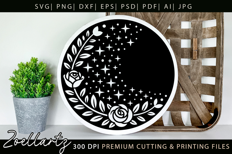 Celestial Flower SVG Silhouette Floral Farmhouse Round Sign