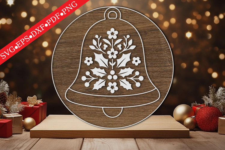 Floral Christmas Bell Round Sign SVG