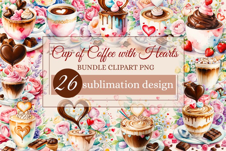 Experience the enchantment of Floral Coffee Love with watercolor clipart set! Each illustration features a coffee cup, hearts, and chocolate set against stunning florals. Perfect for adding romance to your designs. Enjoy the blend of coffee and flowers!