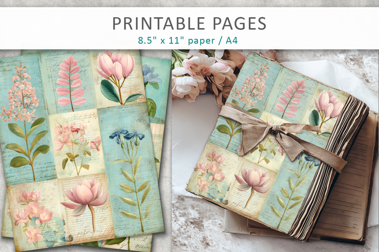 vintage botanical collage paper, pastel floral scrapbook